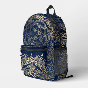 Sac À Dos Imprimé Ajouter Votre Nom Elegant Gold & Navy Blue Mandala