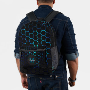 Sac À Dos Imprimé Aqua bleu néon, géométrie nid d'abeilles Monogramm