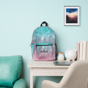 Sac À Dos Imprimé Aqua blue Pink ombre mer galaxie abstraite Monogra
