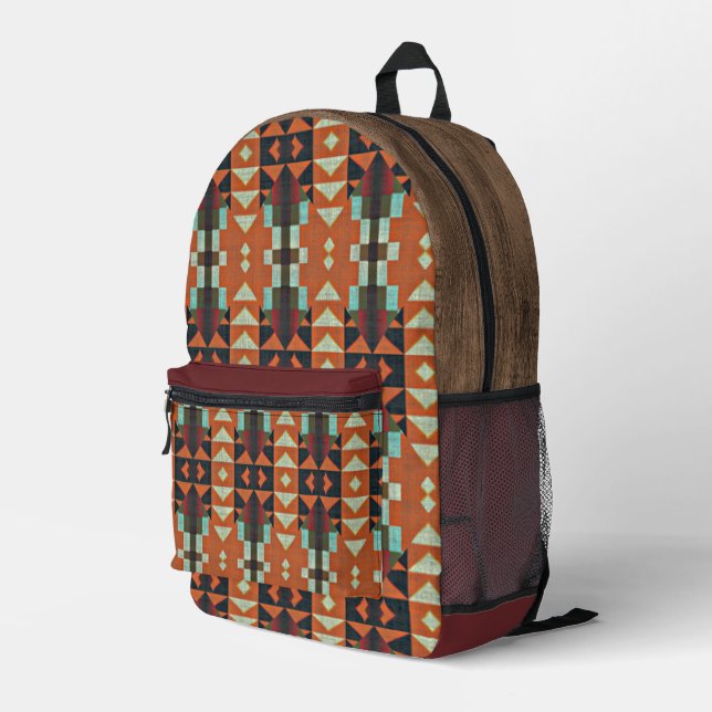 Sac À Dos Imprimé Aqua Turquoise Vert Orange Taupe Beige Tribal Art (Coin arrière droit)