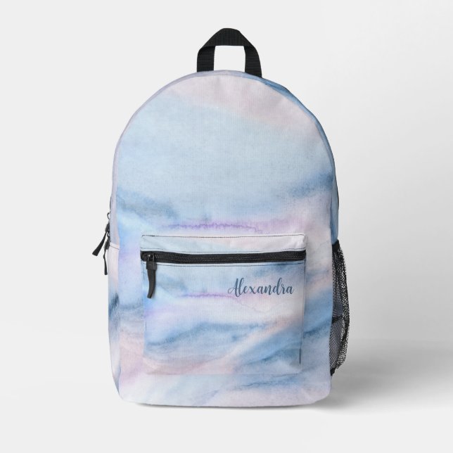Sac À Dos Imprimé Aquarelle Abstrait en marbre rose bleu avec nom (Recto)