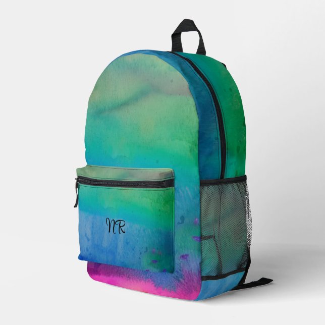Sac À Dos Imprimé Aquarelle bleu vert élégant Artsy Monogram Girl (Coin arrière droit)
