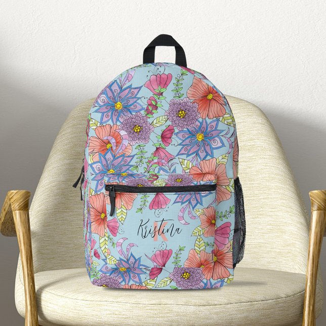 Sac À Dos Imprimé Aquarelle de charme Floral Botanique Nom personnal (Créateur téléchargé)