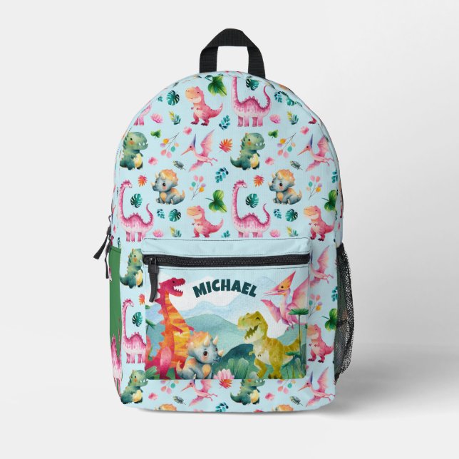 Sac À Dos Imprimé Aquarelle Dinosaures Motif préhistorique avec nom (Recto)