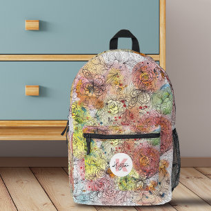 Sac À Dos Imprimé Aquarelle Encre fleurie Nom et monogramme