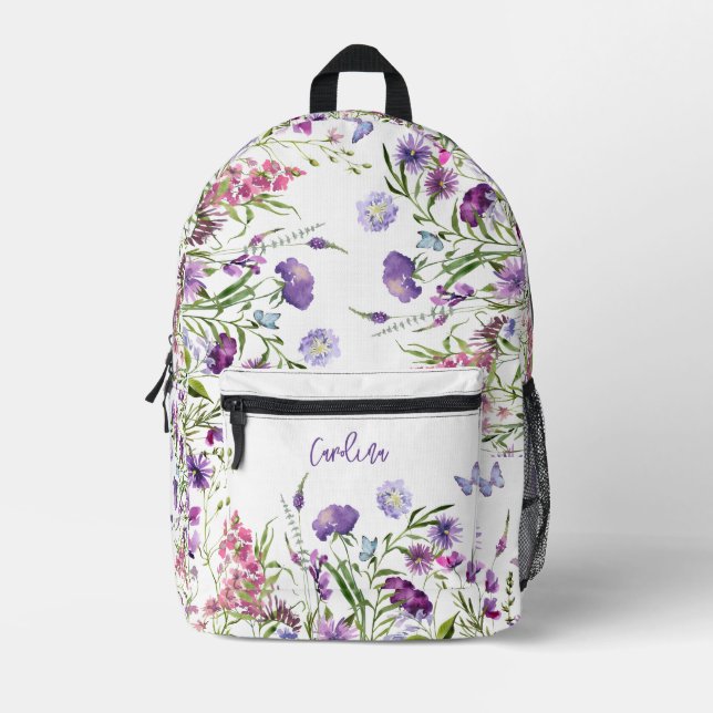 Sac À Dos Imprimé Aquarelle rose violet Fleurs sauvages jardin pré (Recto)