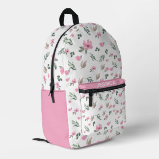 Sac À Dos Imprimé Aquarelle rustique Fleurs roses Nom personnalisé