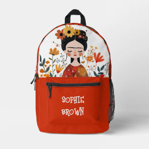 Sac À Dos Imprimé Aquarelle Whimsical Frida Kahlo avec le nom Orange