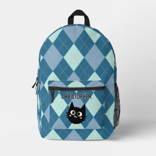 Sac À Dos Imprimé Argyle Bleu, Chat Noir Personnalisé