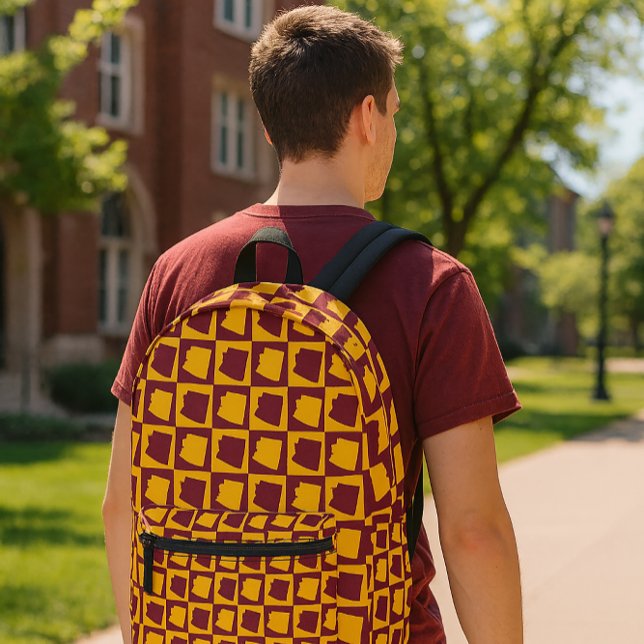 Sac À Dos Imprimé Arizona Checkerboard Maroon and Gold Pattern (A backpack with a maroon and gold pattern featuring the US state of Arizona.)