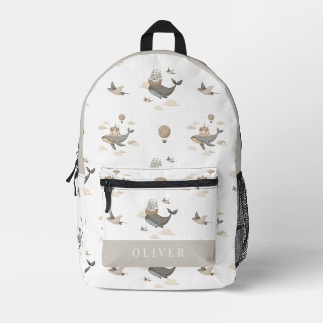 Sac À Dos Imprimé Baleine volante & Stingray Hot Air Balloon Beige (Recto)