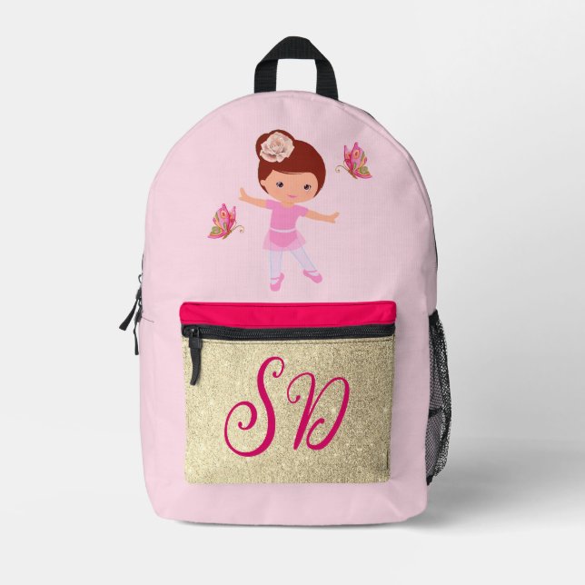 Sac À Dos Imprimé Ballerina Pink Gold Butterfly Friend Monogrammé (Recto)