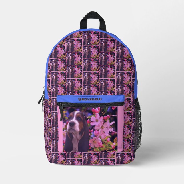 Sac À Dos Imprimé Basset Hound Fleurs de marionnettes personnalisées (Recto)