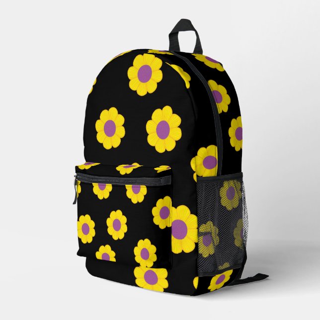 Sac À Dos Imprimé Black Backpack With Yellow & Purple Flowers  (Coin arrière droit)