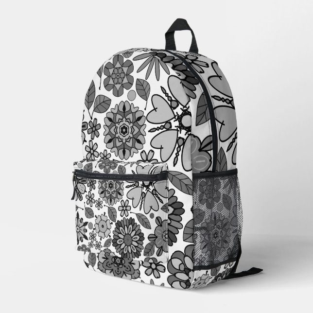 Sac À Dos Imprimé Black Gray White Retro Floral Art Seamless Pattern (Coin arrière droit)