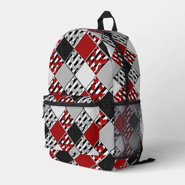 Sac À Dos Imprimé Blanc noir avec patchwork rétro rouge (Coin arrière droit)