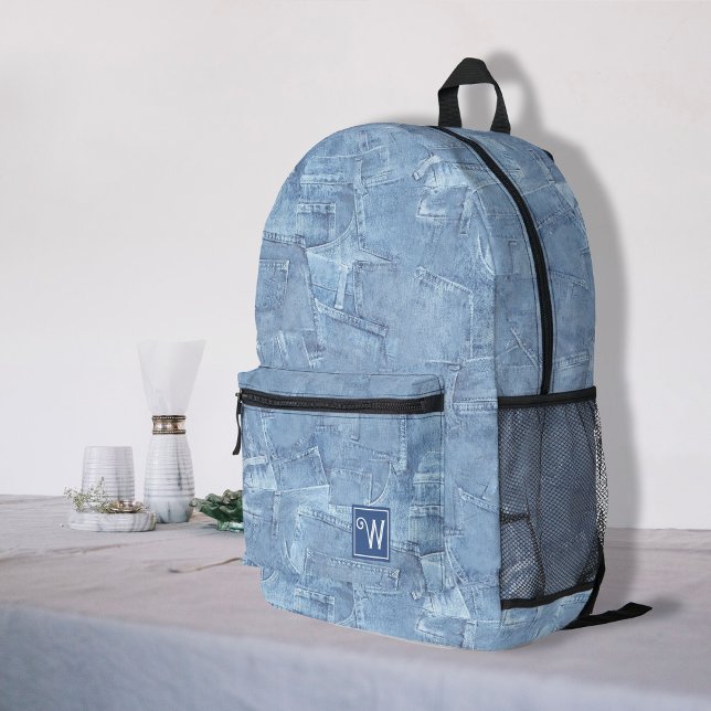 Sac À Dos Imprimé Bleu clair tendance Jean Faux Effet Monogramme (Trendy light jean blue faux effect name custom printed backpack, back to school, travel backpack)