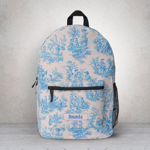 Sac À Dos Imprimé Bleu Vintage Turquoise Floral Toile Jouy Monogramm