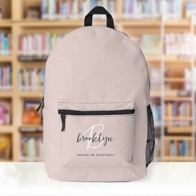 Sac À Dos Imprimé Blush Rose Tendance Monogramme Nom Gris Script (Créateur téléchargé)