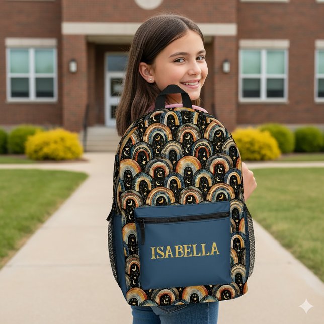 Sac À Dos Imprimé Boho foncé arc-en-ciel personnalisé (Dark Celestial Boho Rainbow Custom Backpack in Blue, Black and Yellow)