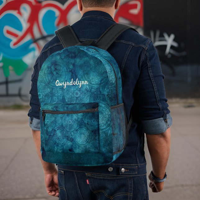 Sac À Dos Imprimé Boho Mandala Marqué Turquoise bleu vert Monogramme (Créateur téléchargé)