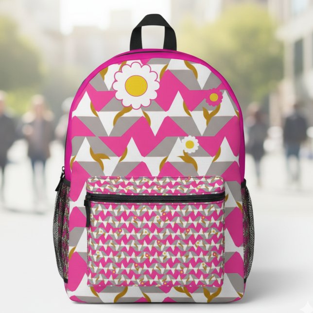 Sac À Dos Imprimé Boho Pink and Yellow Girly Backpack (Bold pink pattern with floral fun. A cute everyday carry for girls who love color.)