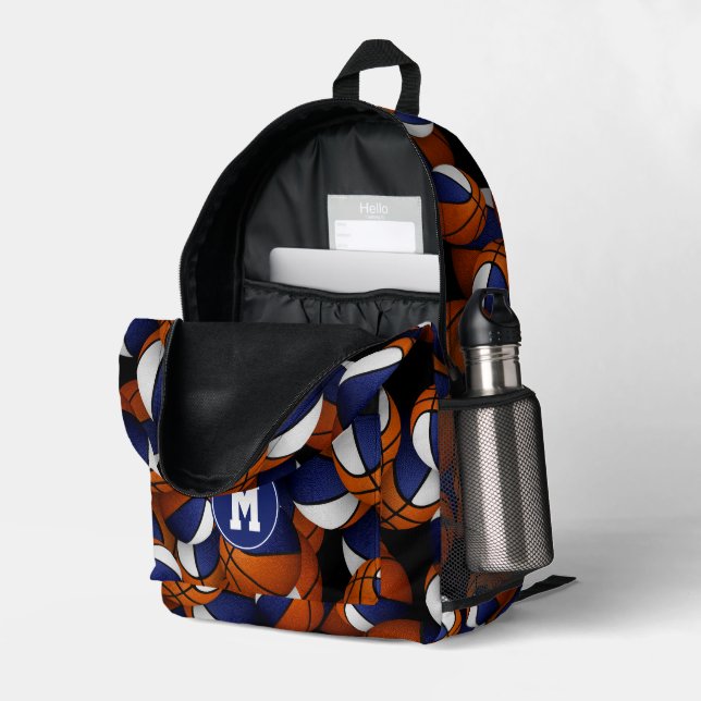 Sac À Dos Imprimé Boules de basket-ball bleu-blanc monobloc (Coin arrière droit (ouvert))