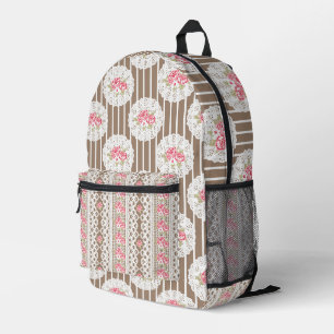 SAC À DOS IMPRIMÉ BROWN AVEC REGARDE DE LACE BLANCHE ET FLEURS ROSES