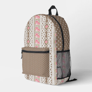 SAC À DOS IMPRIMÉ BROWN AVEC REGARDE DE LACE BLANCHE ET FLEURS ROSES