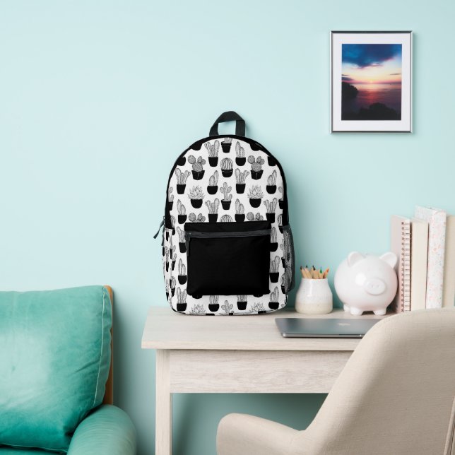 Sac À Dos Imprimé Cactus Line Art Noir Et Blanc Motif 1 (Insitu)