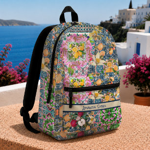 Sac À Dos Imprimé Carreaux floraux d'agrumes siciliens bleu chic