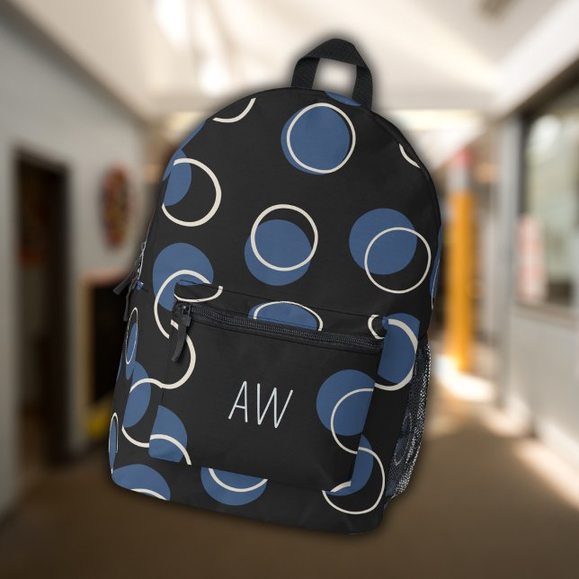 Sac À Dos Imprimé Cercles géométriques noirs et bleus Initiales Mono (Créateur téléchargé)
