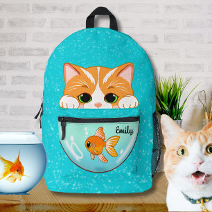 Sac À Dos Imprimé Chat adorable regardant dans un aquarium avec nom