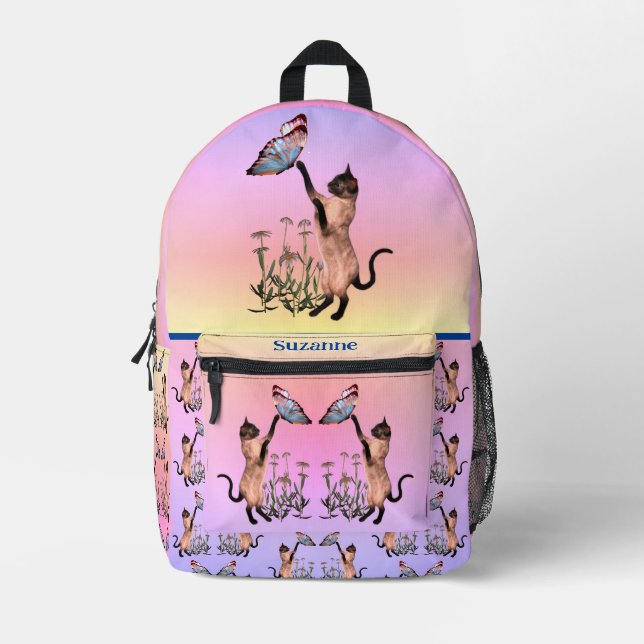 Sac À Dos Imprimé Chat Et Papillon Siamois Personnalisé (Recto)