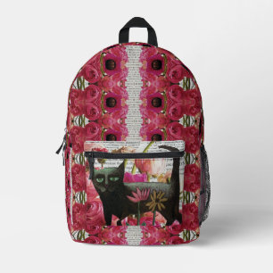 Sac À Dos Imprimé Chat noir Fleurs botaniques psychédéliques roses c