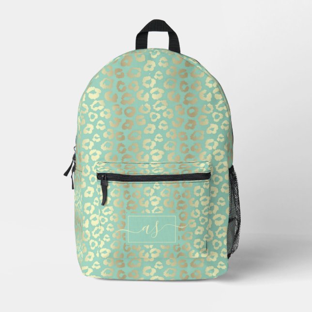 Sac À Dos Imprimé Chic Gold & Mint Green Empreinte de léopard Monogr (Recto)
