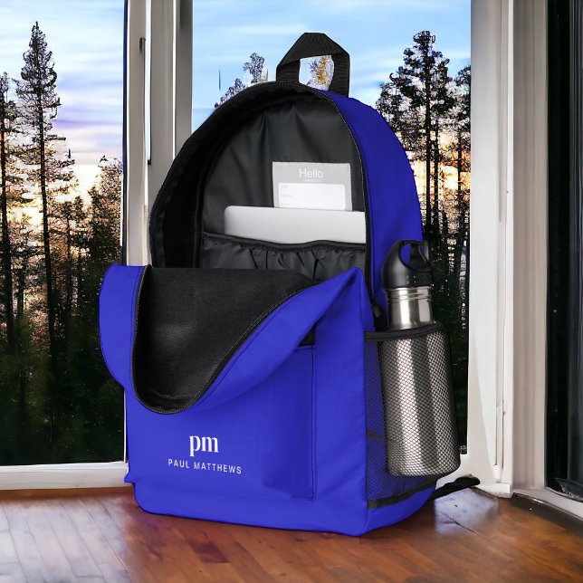 Sac À Dos Imprimé Cobalt Bleu Simple Minimal Monogramme et nom (Personalize with your initials and name.)