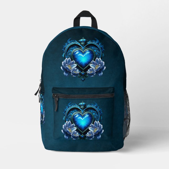 Sac À Dos Imprimé Coeur gothique bleu entouré de fleurs magiques (Recto)