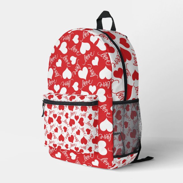 SAC À DOS IMPRIMÉ COEURS ROUGE ET BLANC RANDOM AVEC SCRIPT D'AMOUR (Coin arrière droit)