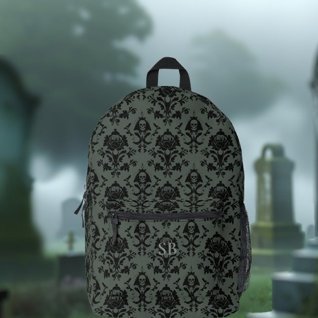 Sac à dos imprimé crâne romantique et Rose Damas (Dramatic and dark damask pattern backpack with space for your initials. )
