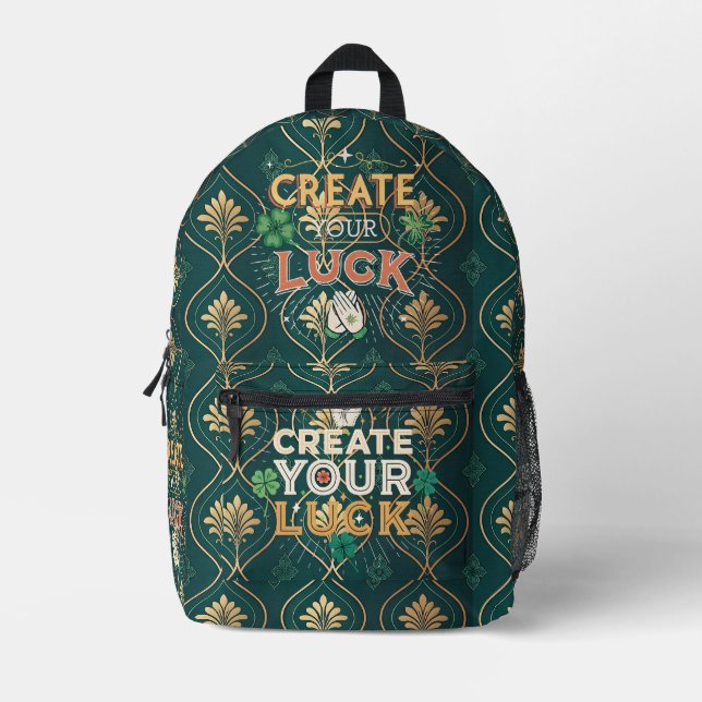 Sac À Dos Imprimé Create Your Luck – Elegant Green & Gold Motivation (Recto)