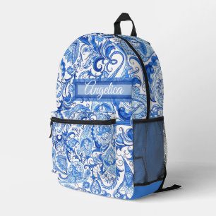 Sac À Dos Imprimé Custom Light Bleu foncé Blanc floral Paisley Art