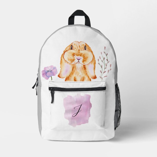 SAC À DOS IMPRIMÉ CUTE BUNNY VIOLET FLEURS GRAY BLANC NOM PERSONNALI (Recto)