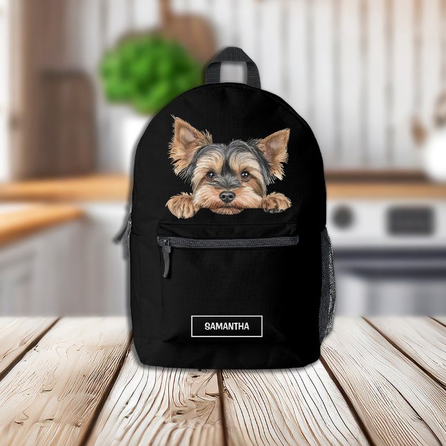 Sac À Dos Imprimé Cute Peeking Yorkie sur Noir avec nom (Créateur téléchargé)