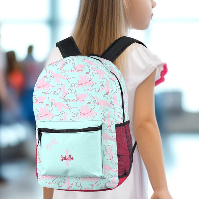 Sac À Dos Imprimé Dinosaur Girl Turquoise Blue Rose Nom Monogramme (Dinosaur Girl Turquoise Blue Pink Name Monogram Printed Backpack)