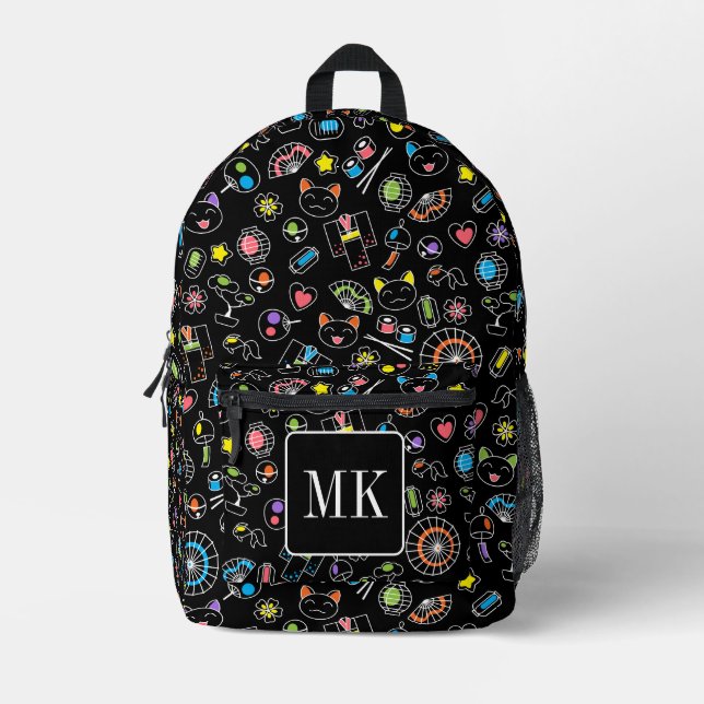 Sac À Dos Imprimé Doodles de culture Kawaii japonais sur un monogram (Recto)