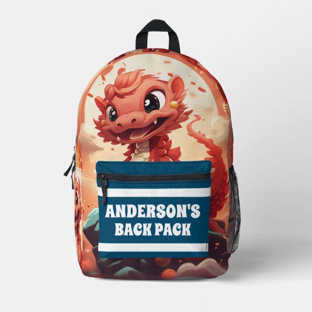 Sac À Dos Imprimé Dragon 3D Nom d'enfant personnalisé (Recto)