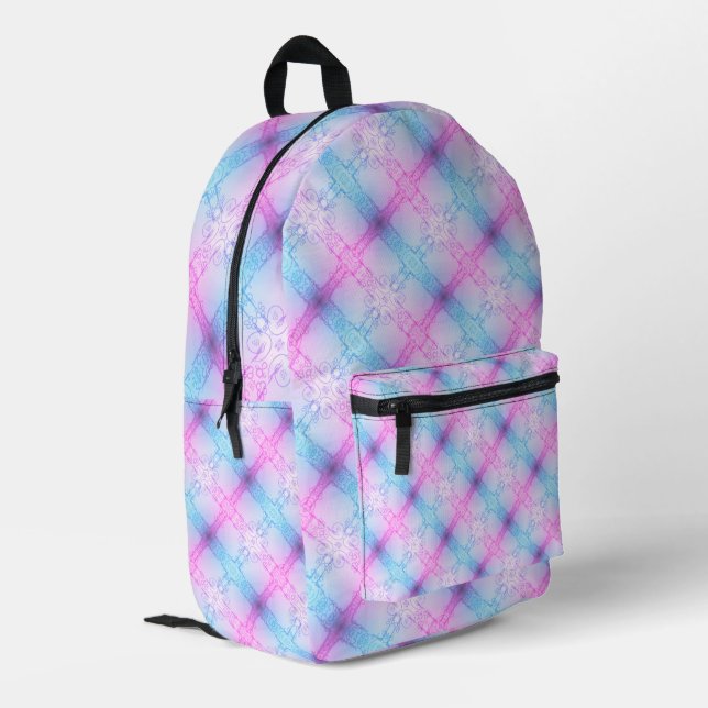 Sac À Dos Imprimé Electric Neon Pink Blue Pastel Trans Pride Plaid (Coin arrière gauche)