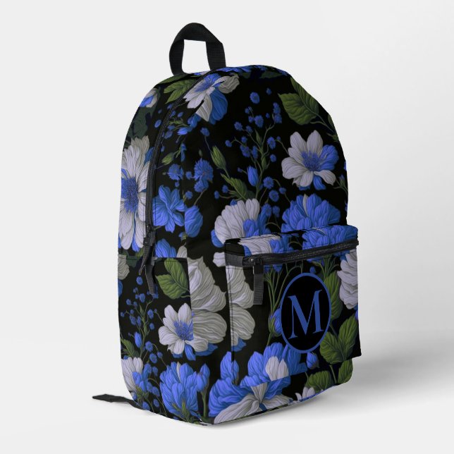 Sac À Dos Imprimé Elégant bleu argenté blanc élégant floral rétro (Coin arrière gauche)