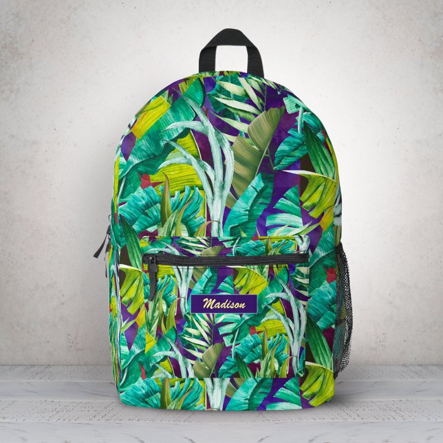 Sac À Dos Imprimé Élégant feuille vert tropical violet (Créateur téléchargé)